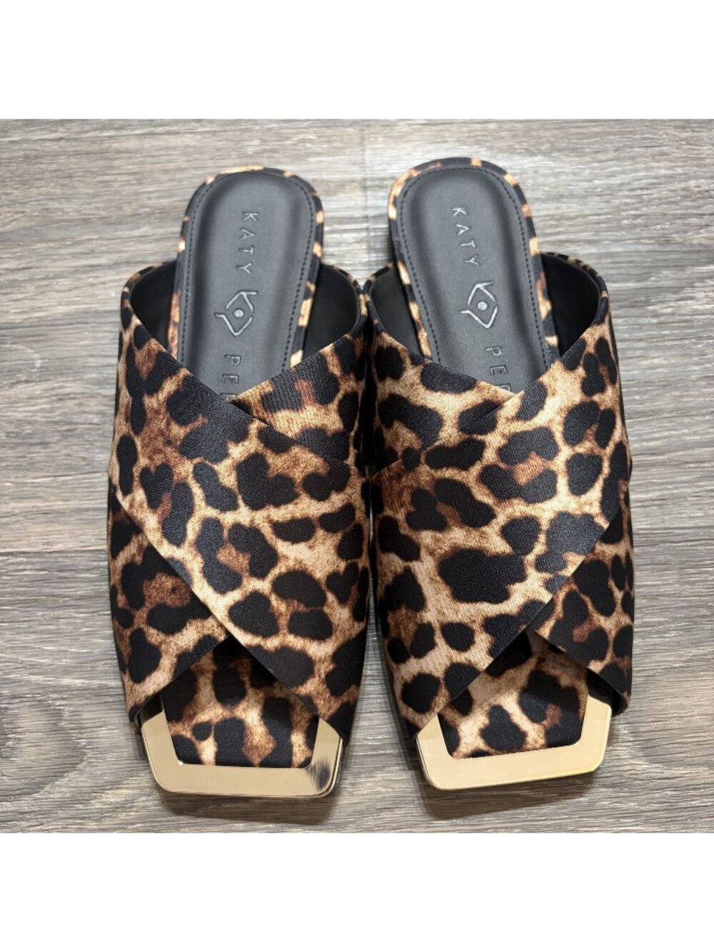 Katy Perry Checked In Slide Sandals 8 38 Leopard Print Satin Coffee Multi NEW - Picture 2 of 13